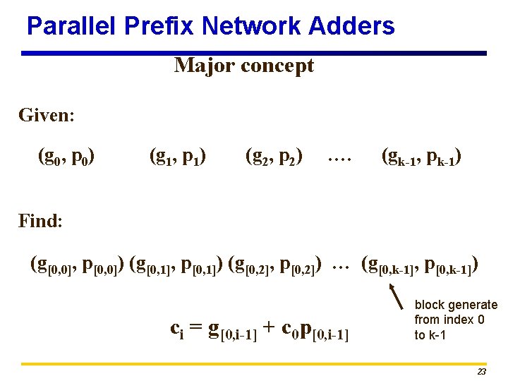 Parallel Prefix Network Adders Major concept Given: (g 0, p 0) (g 1, p