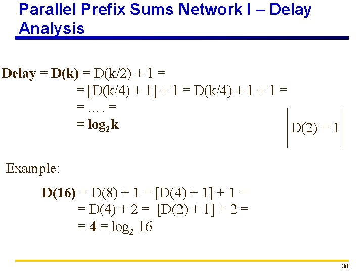 Parallel Prefix Sums Network I – Delay Analysis Delay = D(k) = D(k/2) +