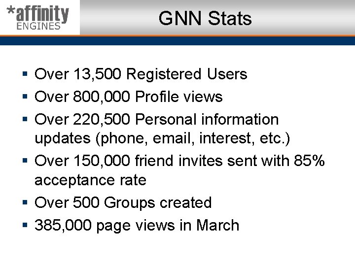 GNN Stats § Over 13, 500 Registered Users § Over 800, 000 Profile views