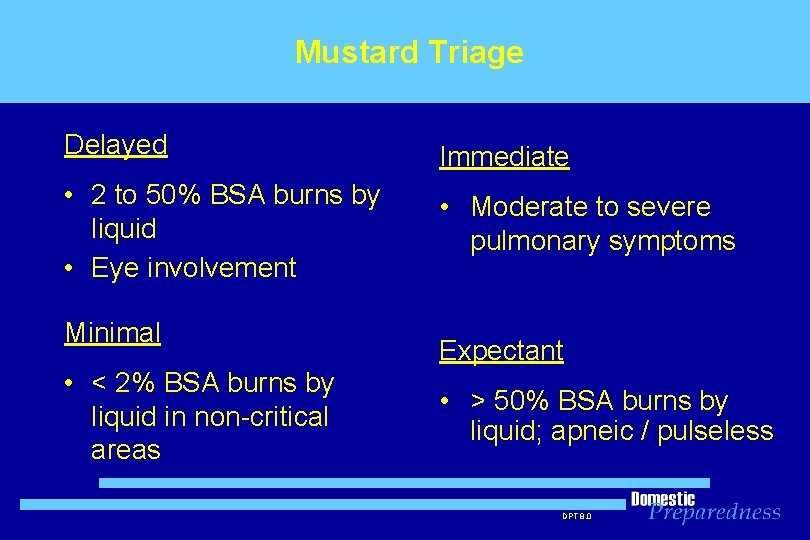 Mustard Triage Delayed Immediate • 2 to 50% BSA burns by liquid • Eye