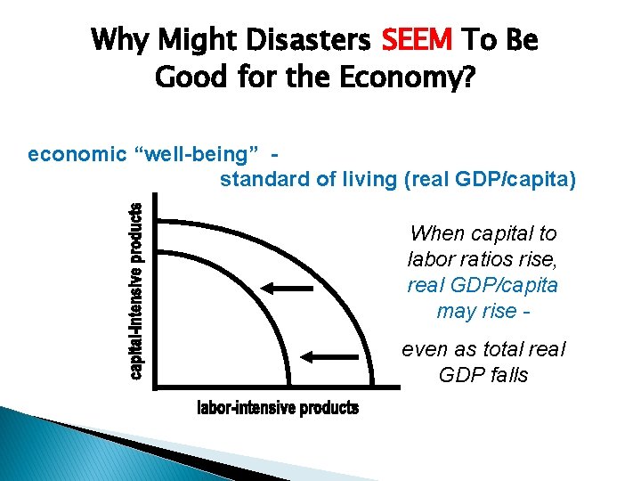 Why Might Disasters SEEM To Be Good for the Economy? economic “well-being” standard of