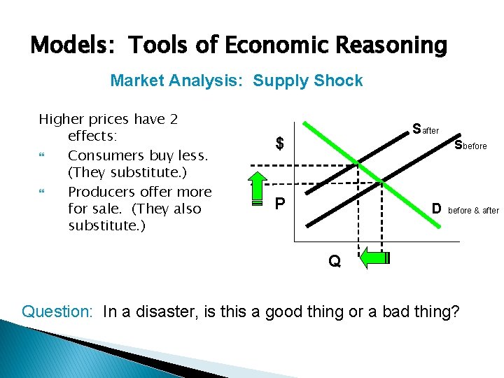 Models: Tools of Economic Reasoning Market Analysis: Supply Shock Higher prices have 2 effects: