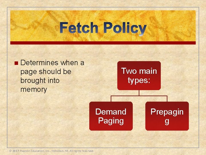 n Determines when a page should be brought into memory Two main types: Demand