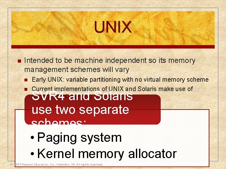 UNIX n Intended to be machine independent so its memory management schemes will vary