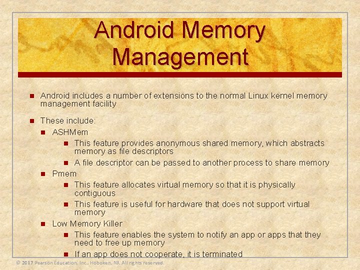 Android Memory Management n Android includes a number of extensions to the normal Linux