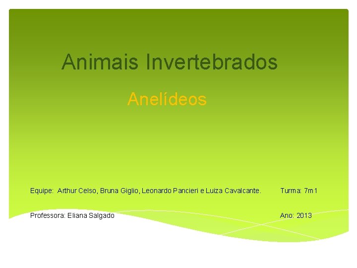 Animais Invertebrados Anelídeos Equipe: Arthur Celso, Bruna Giglio, Leonardo Pancieri e Luiza Cavalcante. Turma: