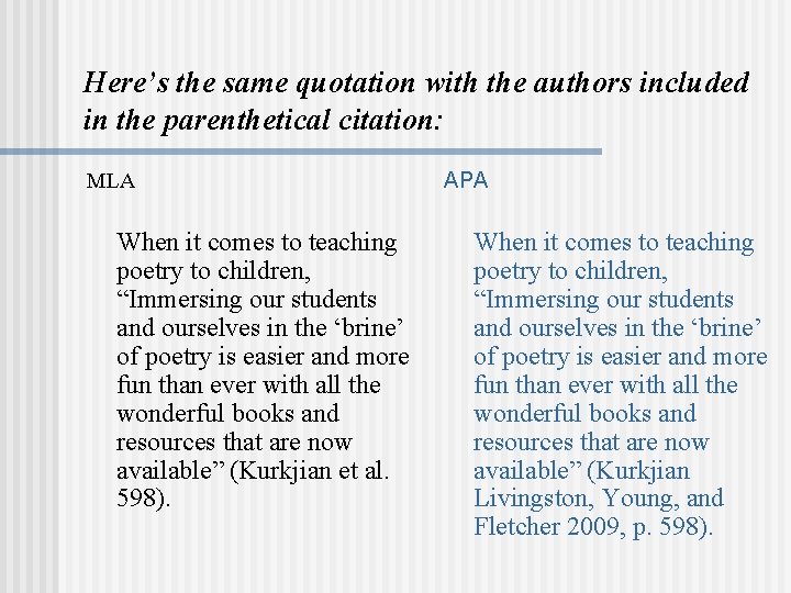 Here’s the same quotation with the authors included in the parenthetical citation: MLA When Here’s the same quotation with the authors included in the parenthetical citation: MLA When