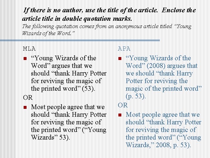 If there is no author, use the title of the article. Enclose the article If there is no author, use the title of the article. Enclose the article