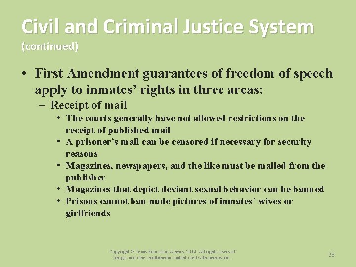 Civil and Criminal Justice System (continued) • First Amendment guarantees of freedom of speech