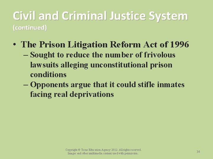 Civil and Criminal Justice System (continued) • The Prison Litigation Reform Act of 1996