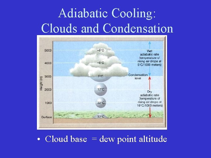 Adiabatic Cooling: Clouds and Condensation • Cloud base = dew point altitude Adiabatic Cooling: Clouds and Condensation • Cloud base = dew point altitude