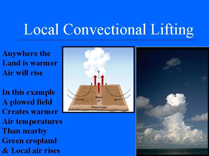 Local Convectional Lifting Anywhere the Land is warmer Air will rise In this example Local Convectional Lifting Anywhere the Land is warmer Air will rise In this example