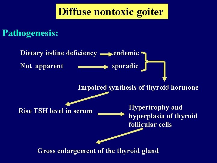 Diffuse nontoxic goiter Pathogenesis: Dietary iodine deficiency endemic Not apparent sporadic Impaired synthesis of