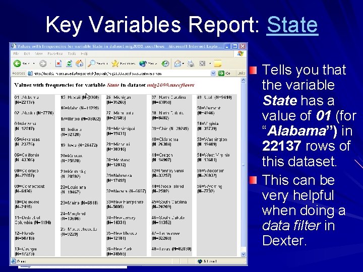 Key Variables Report: State Tells you that the variable State has a value of