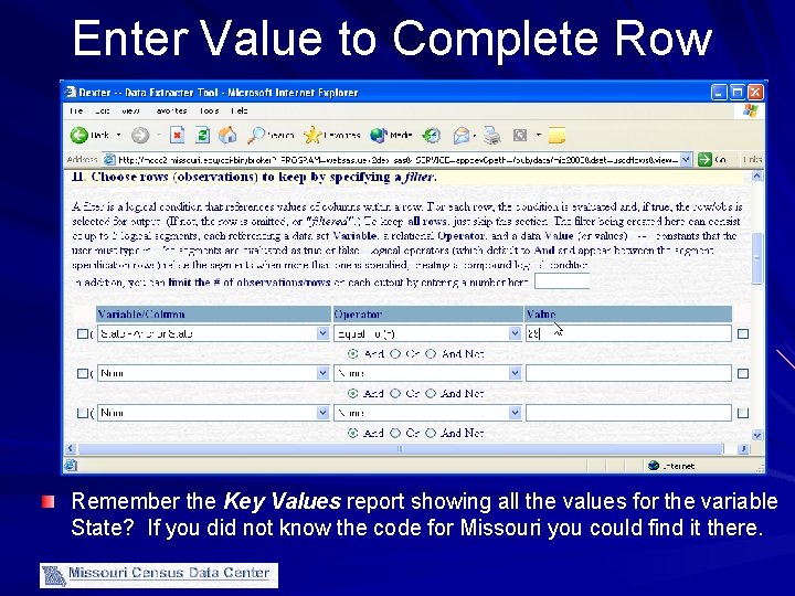 Enter Value to Complete Row Remember the Key Values report showing all the values