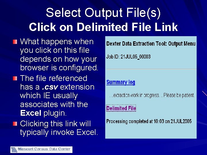 Select Output File(s) Click on Delimited File Link What happens when you click on