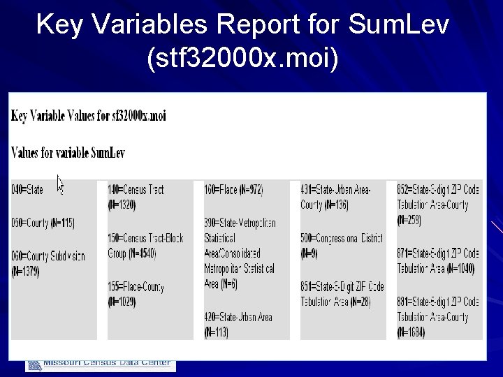 Key Variables Report for Sum. Lev (stf 32000 x. moi) 