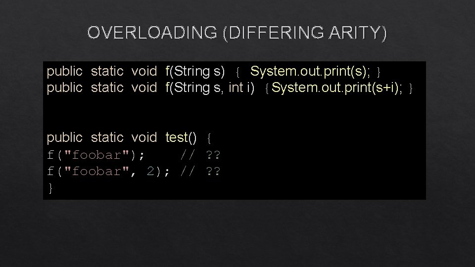 OVERLOADING (DIFFERING ARITY) public static void f(String s) { System. out. print(s); } public