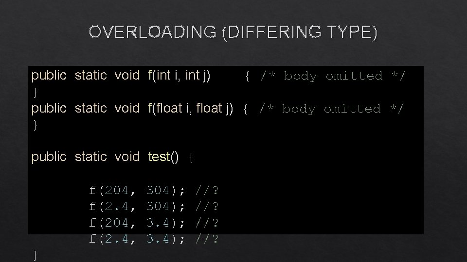 OVERLOADING (DIFFERING TYPE) public static void f(int i, int j) { /* body omitted