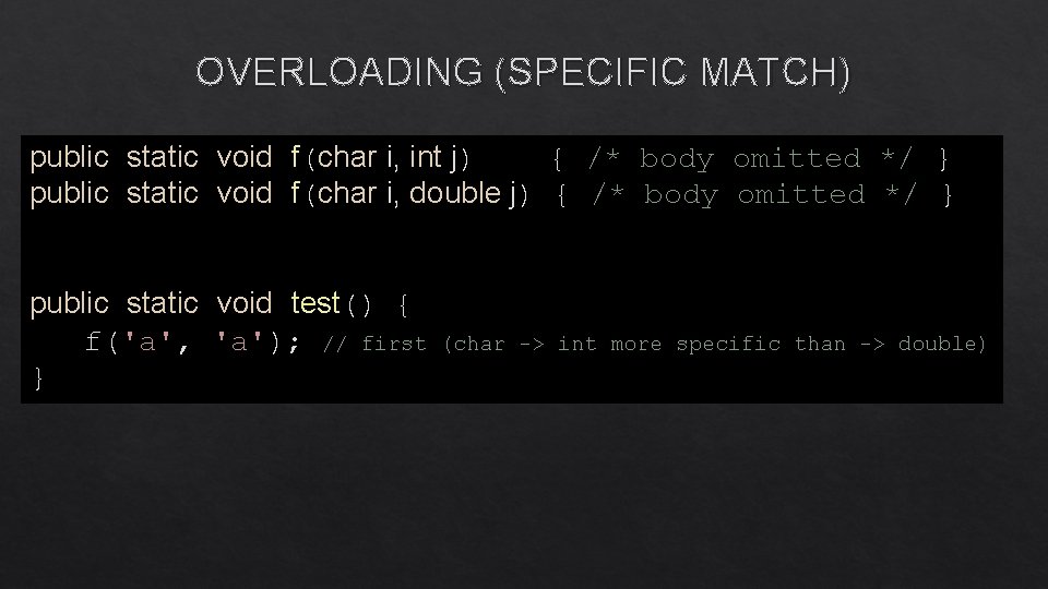 OVERLOADING (SPECIFIC MATCH) public static void f(char i, int j) { /* body omitted