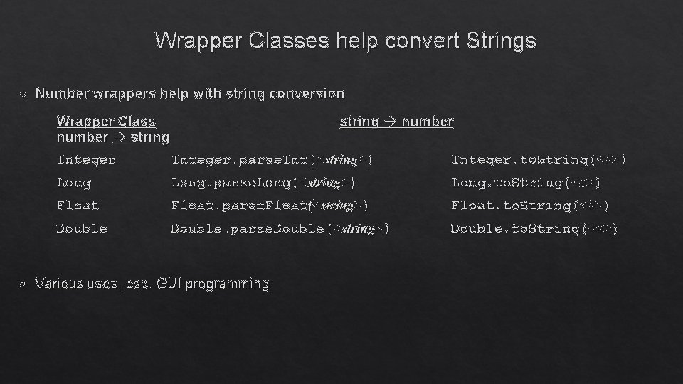 Wrapper Classes help convert Strings Number wrappers help with string conversion Wrapper Class string