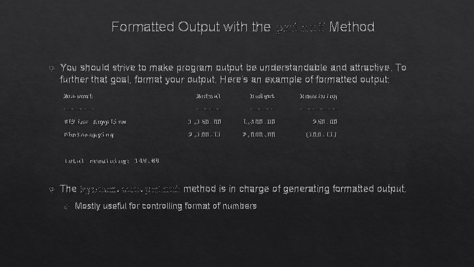 Formatted Output with the printf Method You should strive to make program output be