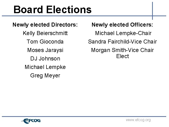 Board Elections Newly elected Directors: Kelly Beierschmitt Tom Gioconda Moses Jaraysi DJ Johnson Michael