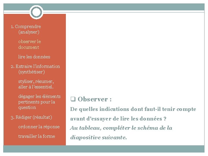 1. Comprendre (analyser) 1. observer le document 2. lire les données 2. Extraire l’information