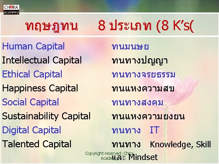 ทฤษฎทน 8 ประเภท (8 K’s( Human Capital Intellectual Capital Ethical Capital Happiness Capital Social