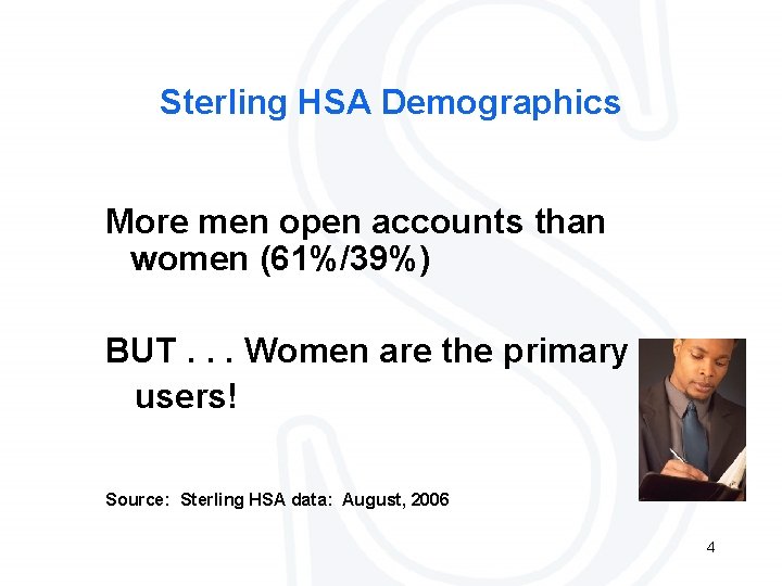 Sterling HSA Demographics More men open accounts than women (61%/39%) BUT. . . Women