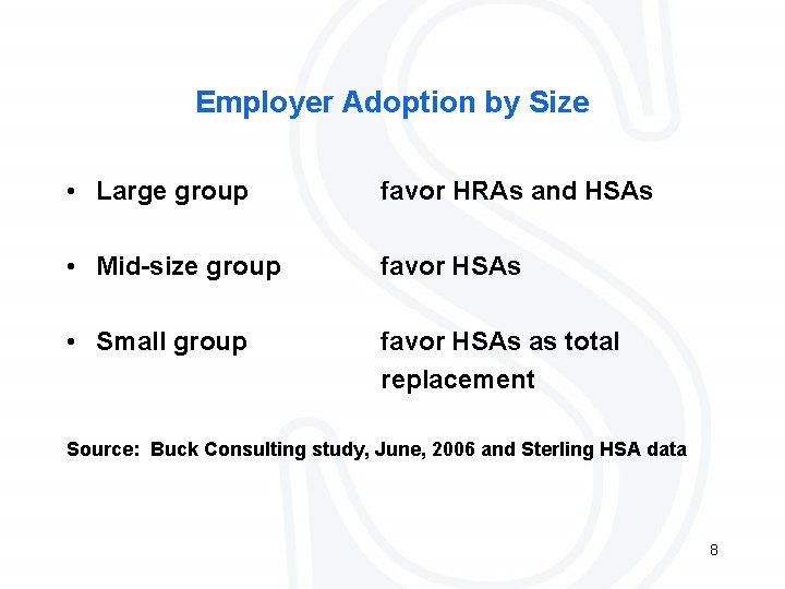 Employer Adoption by Size • Large group favor HRAs and HSAs • Mid-size group