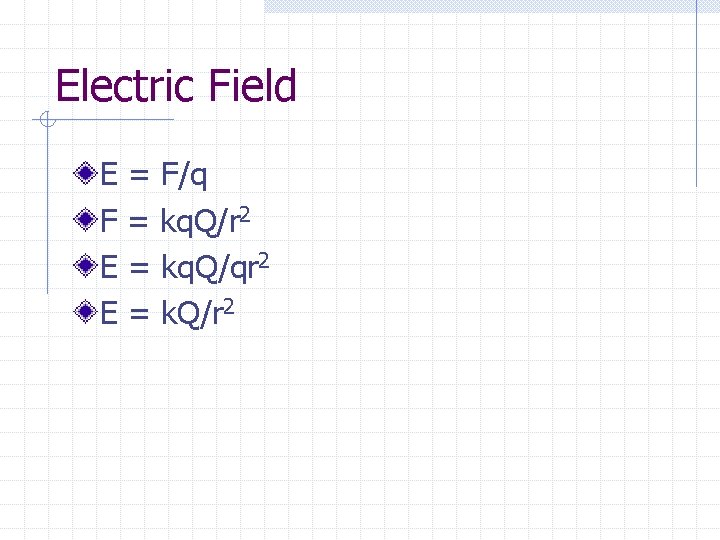 Electric Field E = F/q F = kq. Q/r 2 E = kq. Q/qr