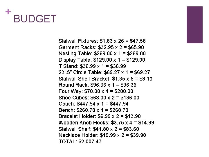 + BUDGET Slatwall Fixtures: $1. 83 x 26 = $47. 58 Garment Racks: $32.