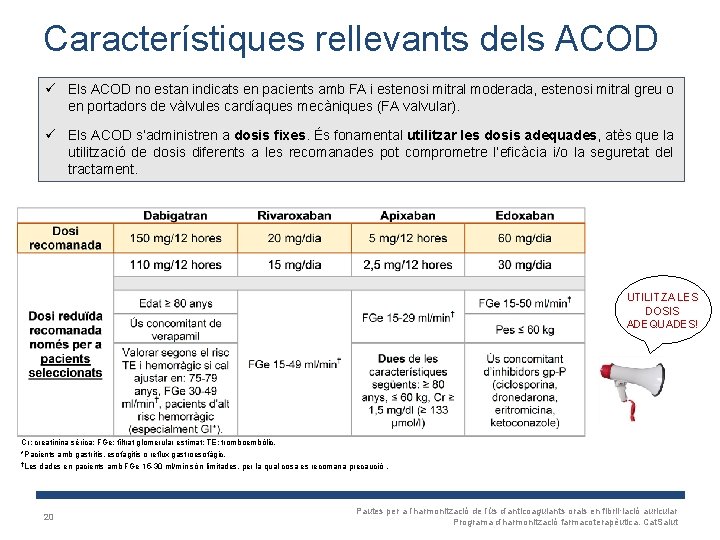 Característiques rellevants dels ACOD ü Els ACOD no estan indicats en pacients amb FA