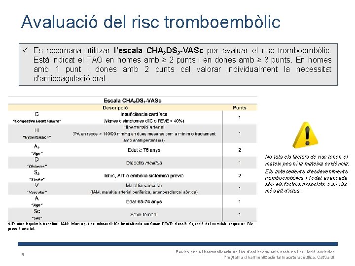 Avaluació del risc tromboembòlic ü Es recomana utilitzar l’escala CHA 2 DS 2 -VASc