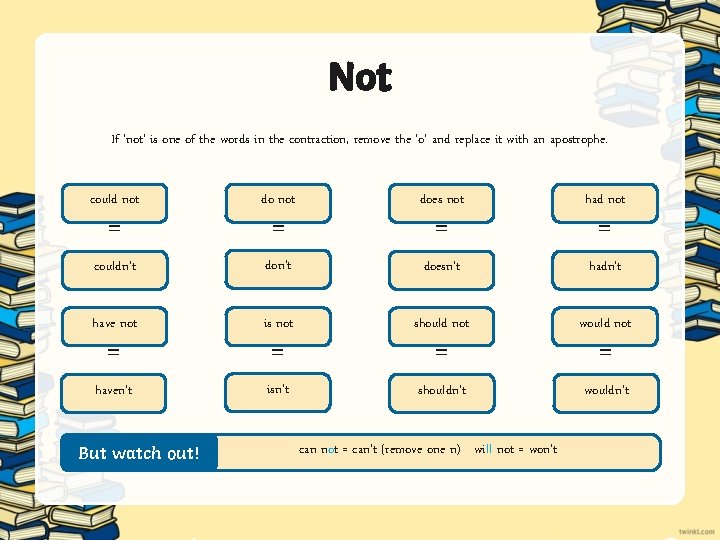 Not If ‘not’ is one of the words in the contraction, remove the ‘o’ Not If ‘not’ is one of the words in the contraction, remove the ‘o’