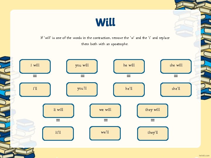 Will If ‘will’ is one of the words in the contraction, remove the ‘w’ Will If ‘will’ is one of the words in the contraction, remove the ‘w’