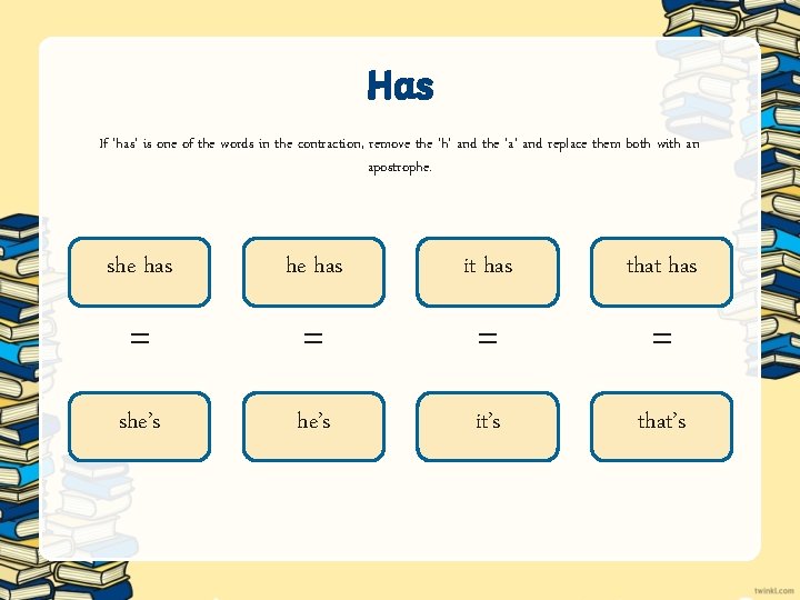 Has If ‘has’ is one of the words in the contraction, remove the ‘h’ Has If ‘has’ is one of the words in the contraction, remove the ‘h’