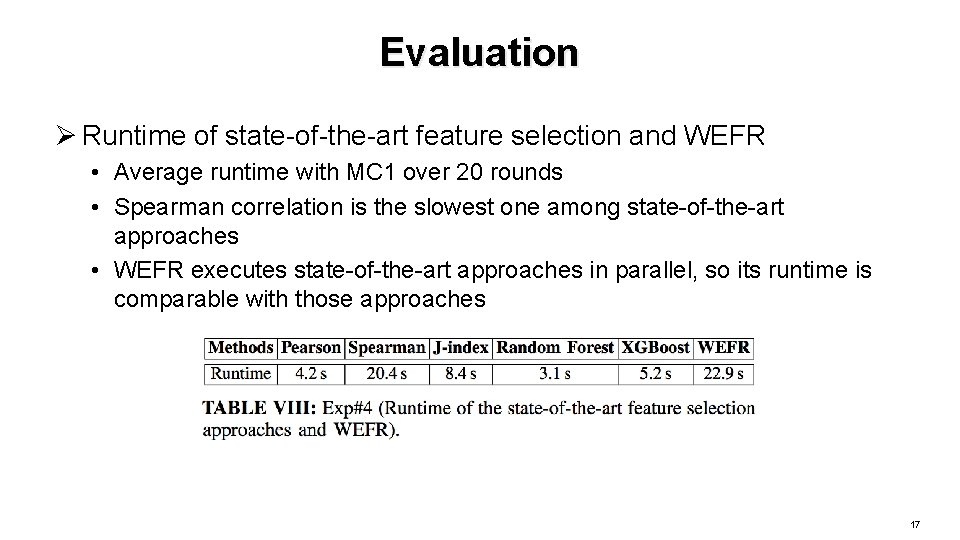 Evaluation Ø Runtime of state-of-the-art feature selection and WEFR • Average runtime with MC