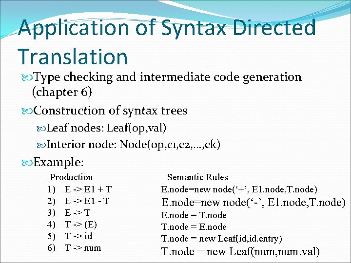 Application of Syntax Directed Translation Type checking and intermediate code generation (chapter 6) Construction