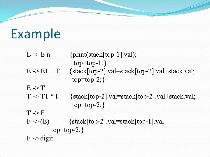 Example L -> E n E -> E 1 + T E -> T