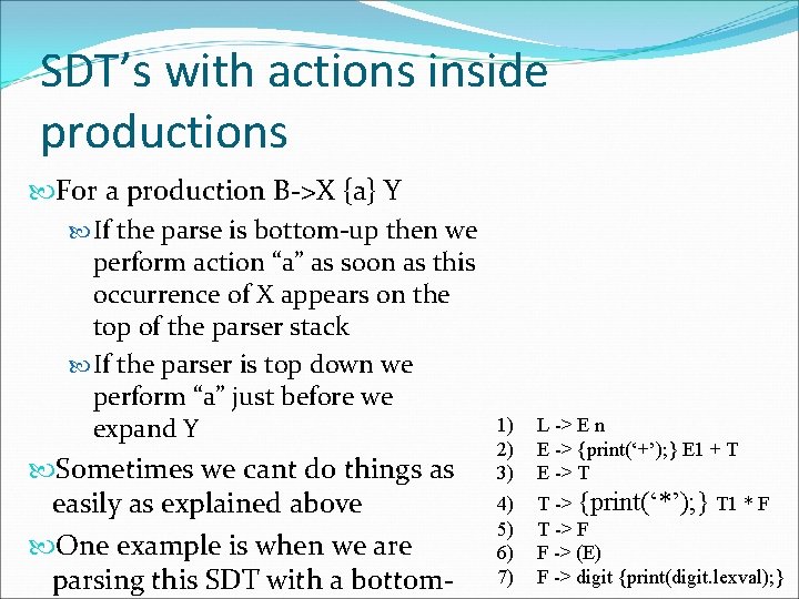 SDT’s with actions inside productions For a production B->X {a} Y If the parse