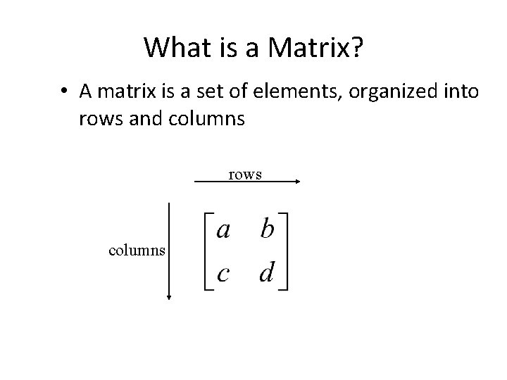 What is a Matrix? • A matrix is a set of elements, organized into