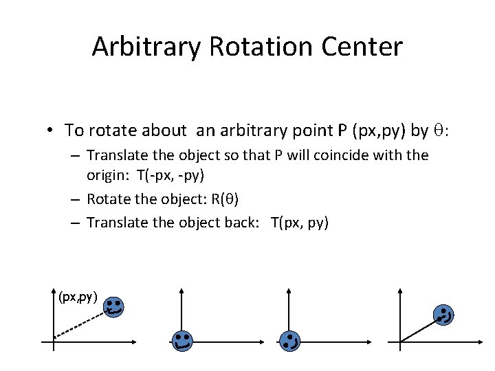 Arbitrary Rotation Center • To rotate about an arbitrary point P (px, py) by