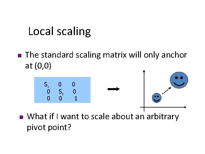 Local scaling n The standard scaling matrix will only anchor at (0, 0) Sx