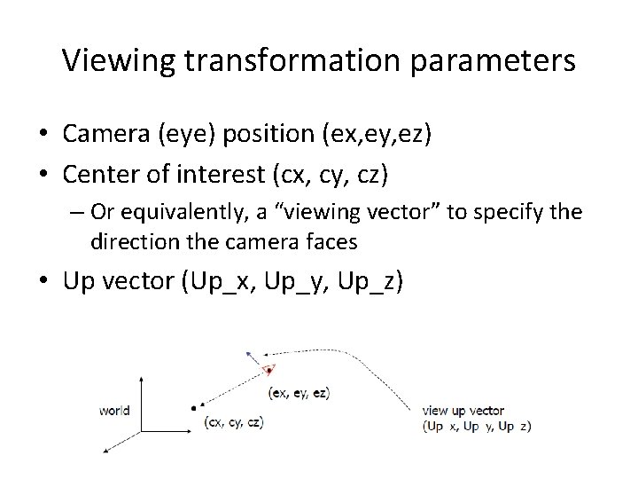 Viewing transformation parameters • Camera (eye) position (ex, ey, ez) • Center of interest