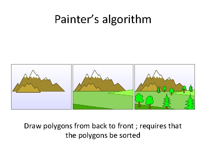Painter’s algorithm Draw polygons from back to front ; requires that the polygons be