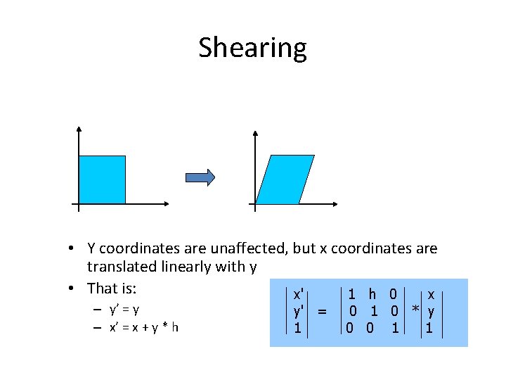 Shearing • Y coordinates are unaffected, but x coordinates are translated linearly with y