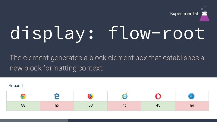 Experimental display: flow-root The element generates a block element box that establishes a new