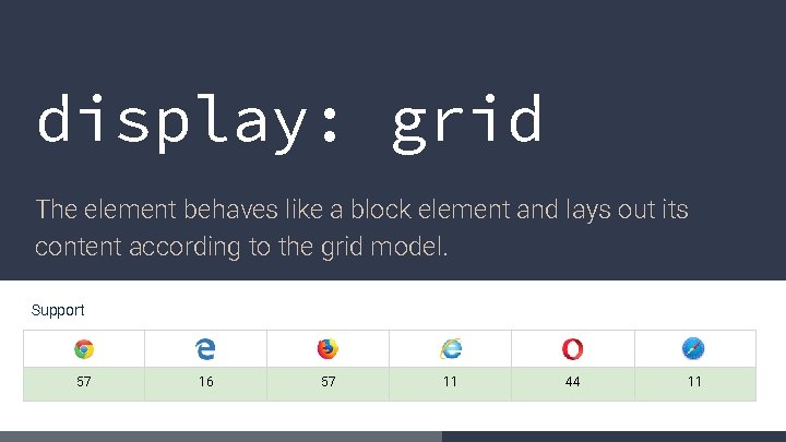 display: grid The element behaves like a block element and lays out its content